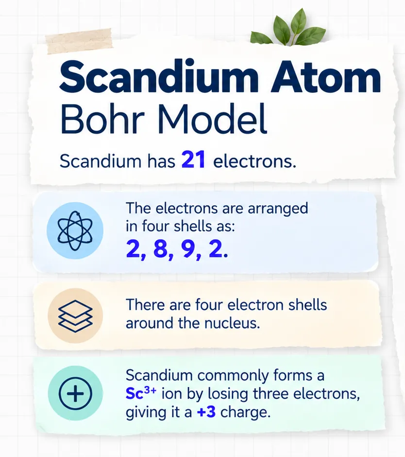 Scandium atom Bohr model card: 21 electrons arranged 2, 8, 9, 2 in four shells; forms Sc3+ by losing three electrons