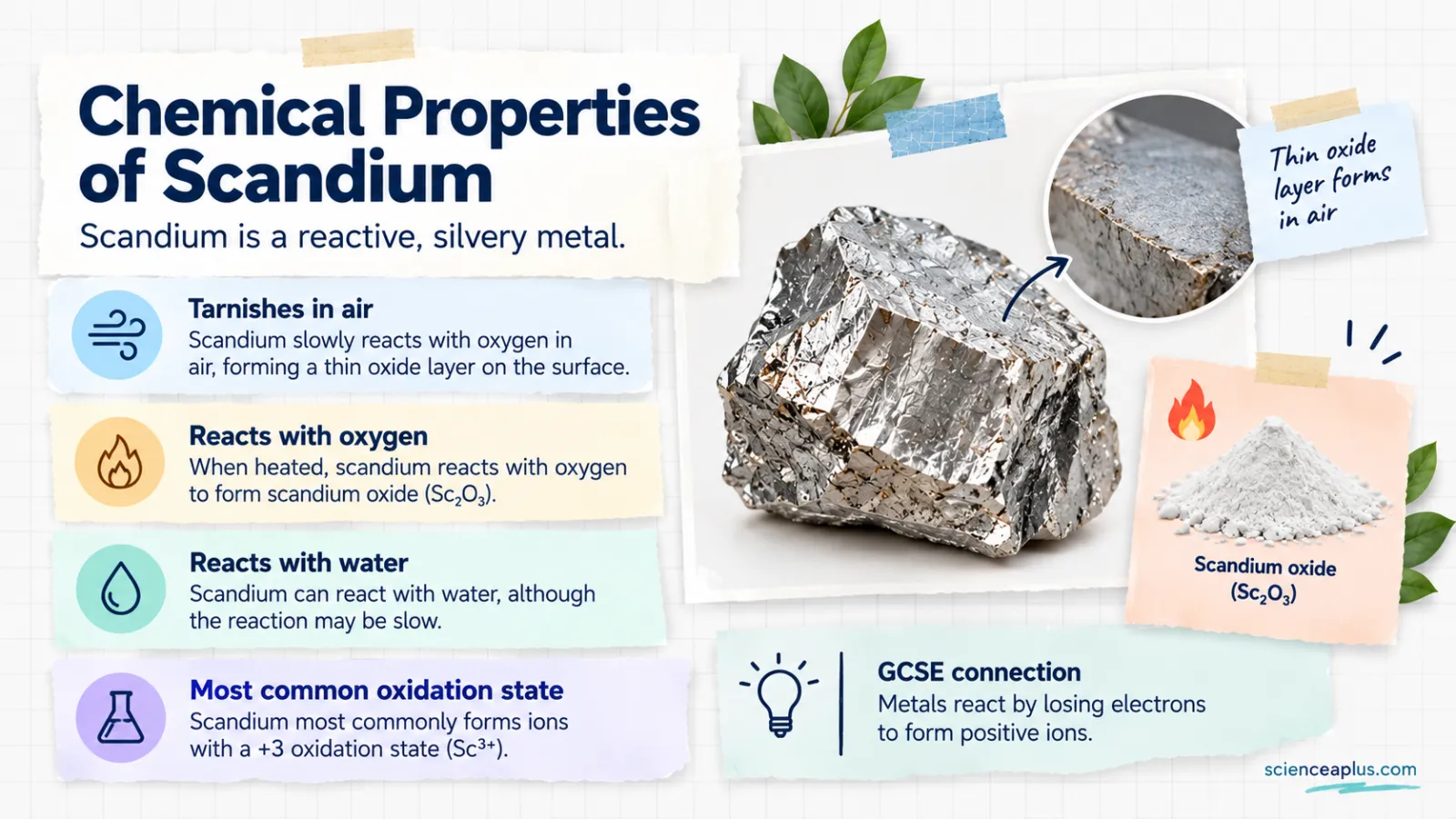 Scandium chemical properties infographic: tarnishes in air, burns to scandium oxide Sc2O3, reacts with water and forms Sc3+ ions