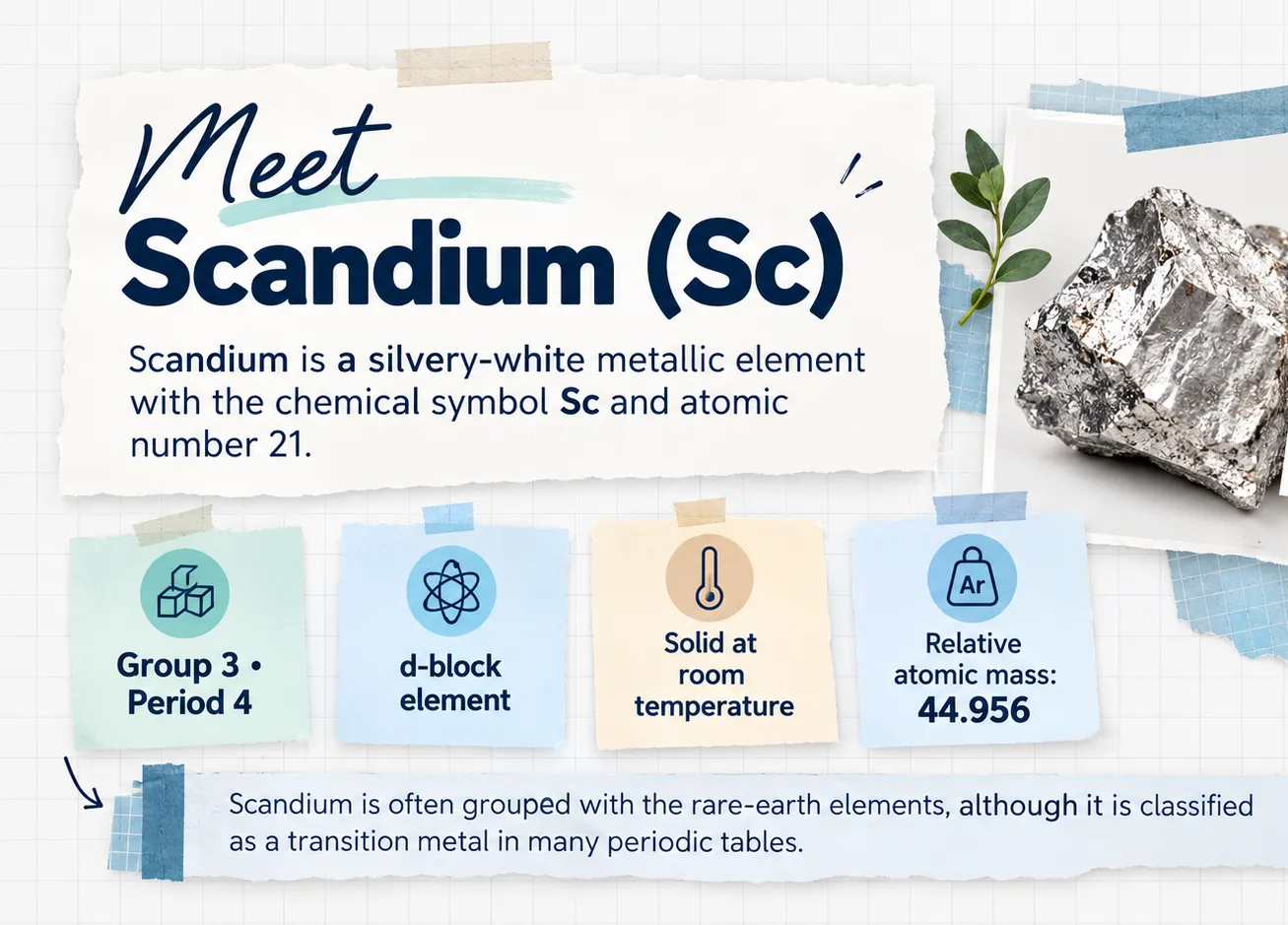 Meet scandium: silvery-white metal, symbol Sc, atomic number 21, group 3 period 4, d-block, relative atomic mass 44.956