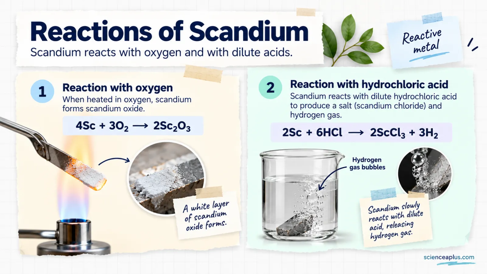Reactions of scandium: 4Sc + 3O2 → 2Sc2O3 when heated in oxygen and 2Sc + 6HCl → 2ScCl3 + 3H2 with dilute hydrochloric acid