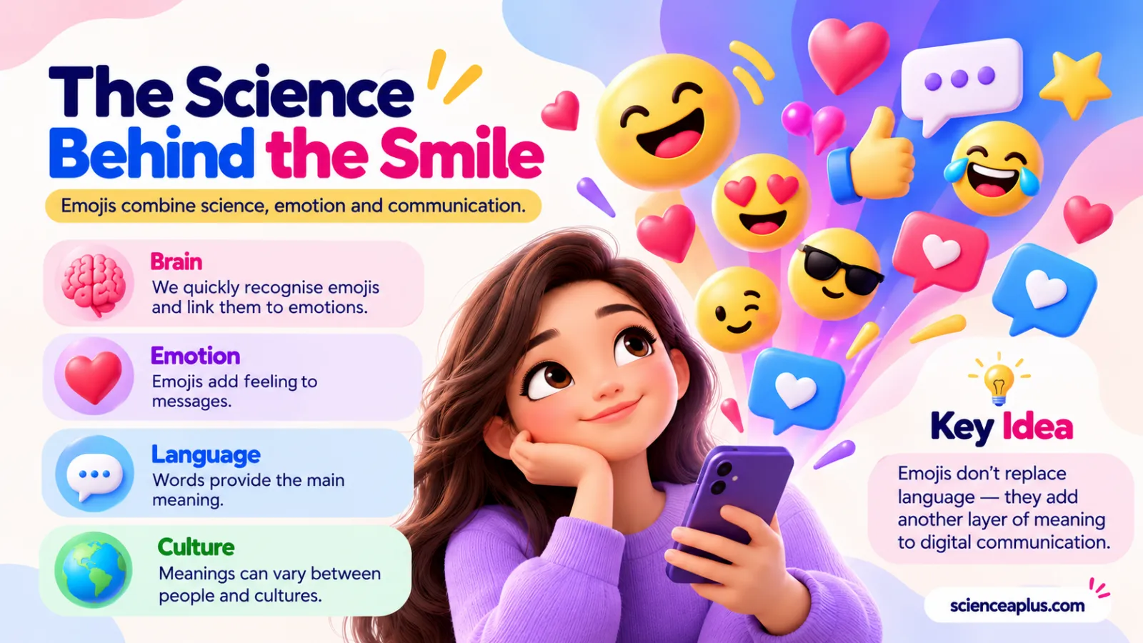 Infographic: the science behind the smile, linking brain, emotion, language and culture; emojis do not replace language, they add another layer of meaning