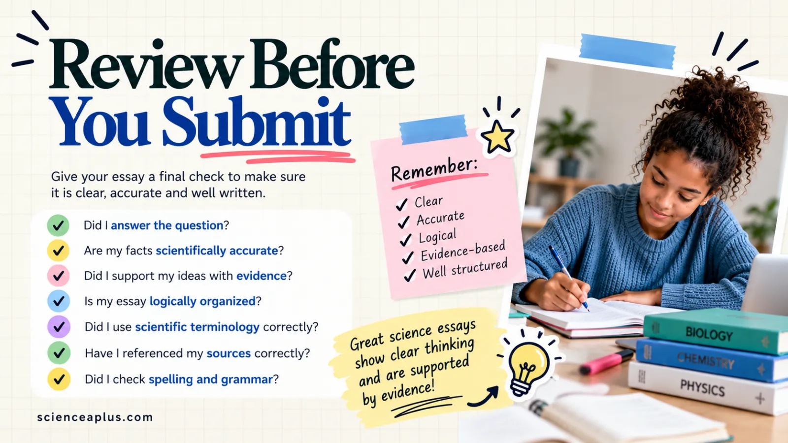 Review before you submit: checklist asking whether you answered the question, checked facts, used evidence, organised logically, used scientific terms, referenced sources and checked spelling and grammar