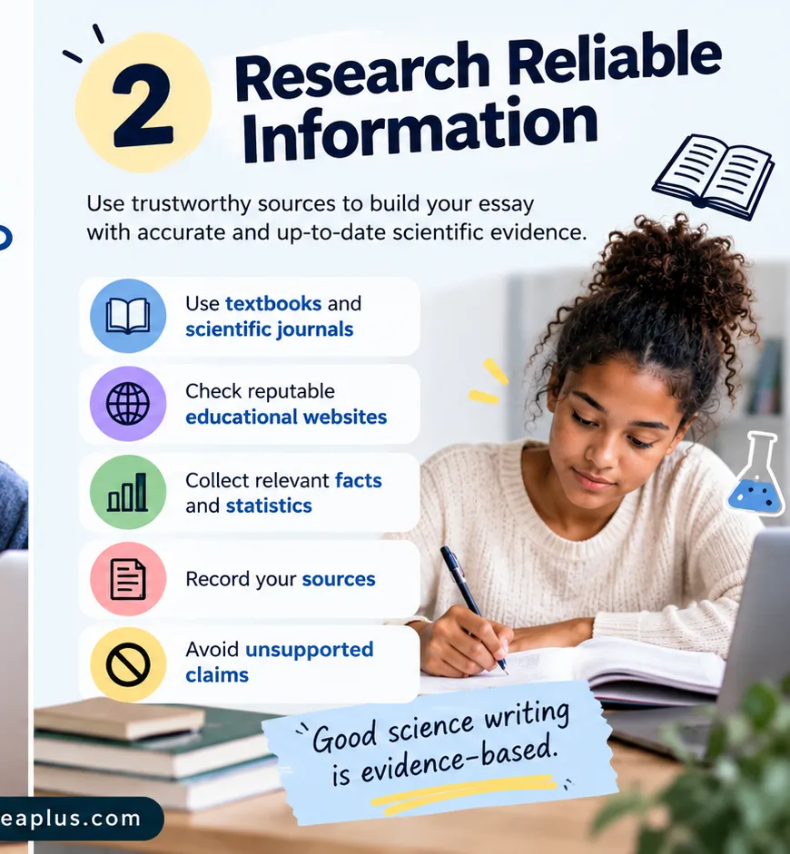Step 2 infographic: research reliable information using textbooks and scientific journals, reputable educational websites, relevant facts and statistics, recorded sources and no unsupported claims