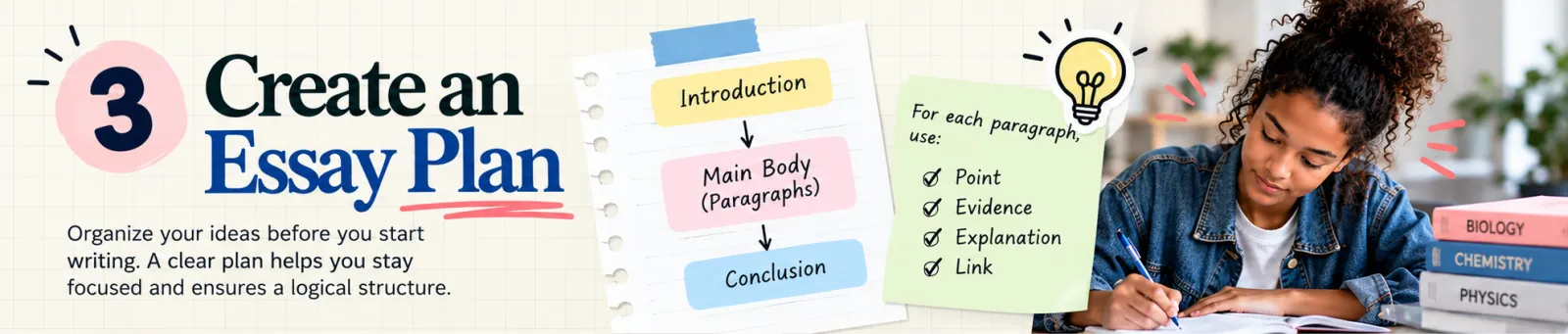 Step 3 infographic: create an essay plan with introduction, main body paragraphs and conclusion, using point, evidence, explanation and link for each paragraph