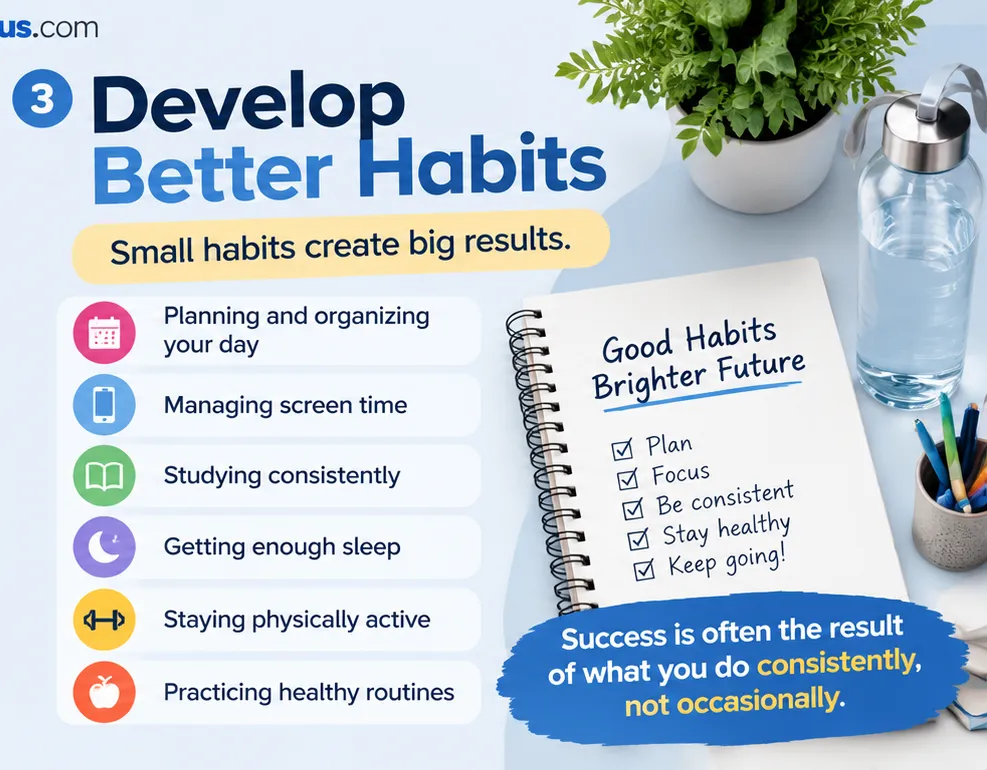 Infographic: develop better habits such as planning your day, managing screen time, studying consistently, getting enough sleep and staying physically active