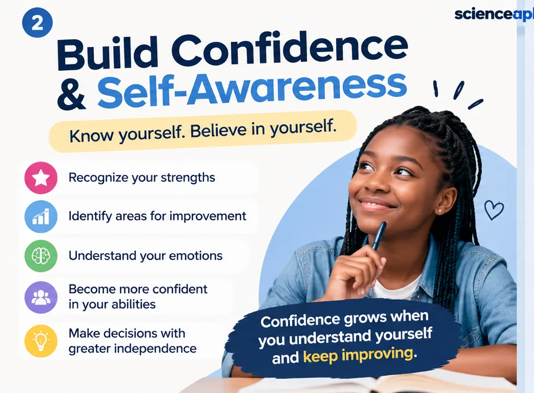 Infographic: build confidence and self-awareness by recognising strengths, identifying areas to improve, understanding emotions and making independent decisions