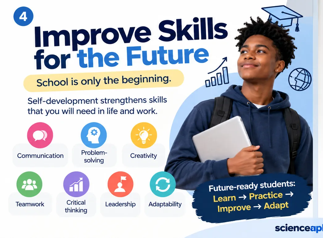 Infographic: skills for the future including communication, problem-solving, creativity, teamwork, critical thinking, leadership and adaptability