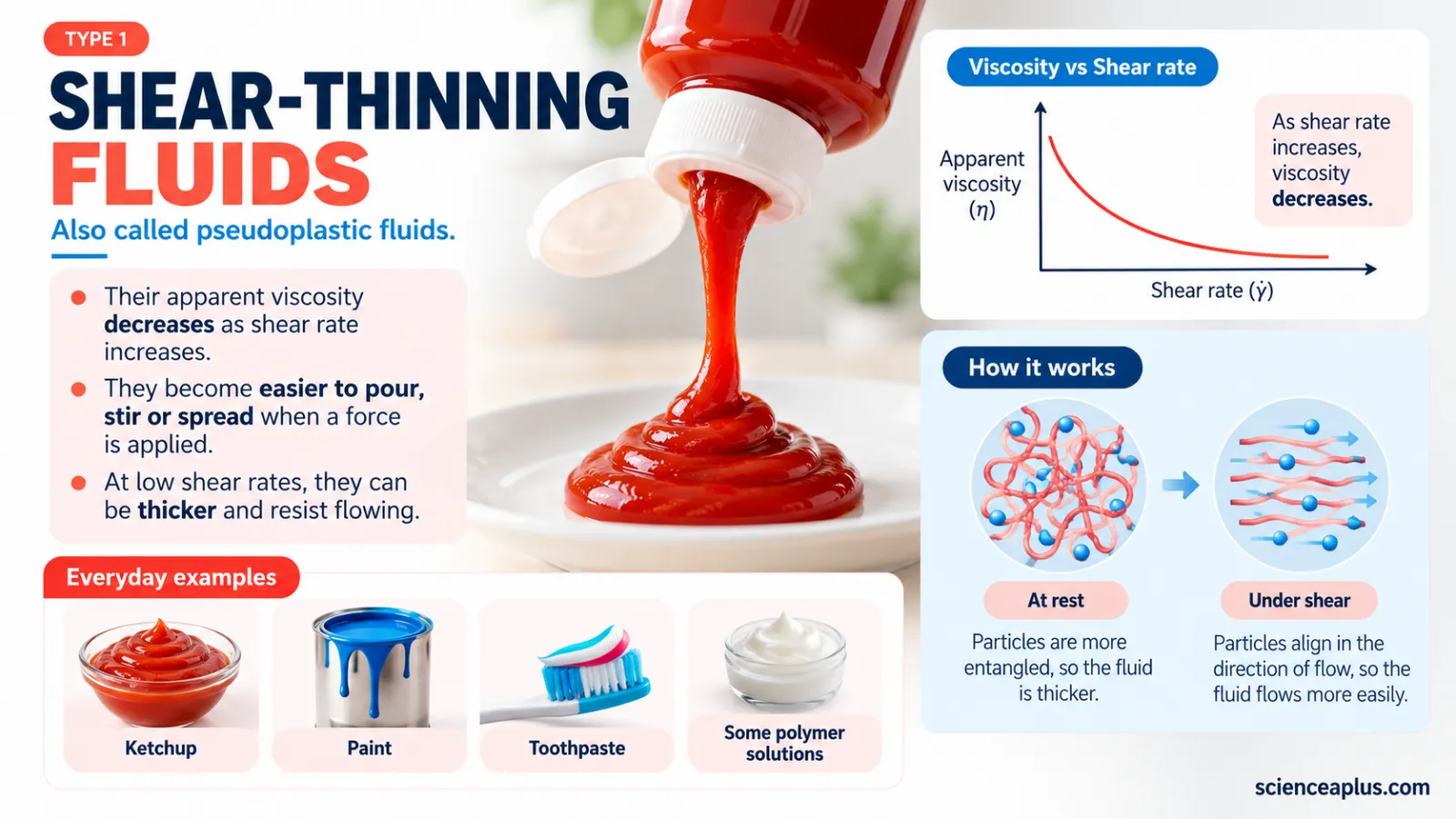 Infographic on shear-thinning (pseudoplastic) fluids: viscosity falls as shear rate rises, with ketchup, paint, toothpaste and polymer solutions