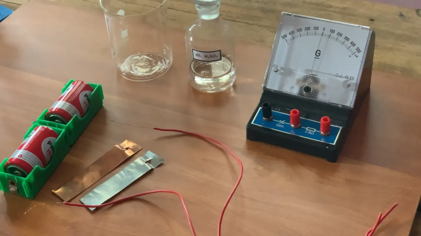 Apparatus for the simple cell experiment: empty beaker, bottle labelled dil. H2SO4, copper strip, zinc strip, red connecting wire and a centre-zero galvanometer on a wooden bench