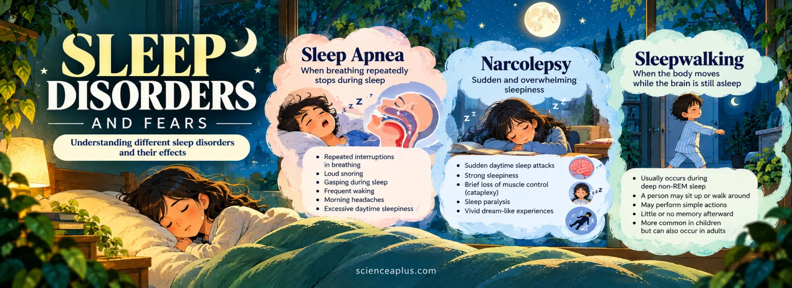 Sleep apnoea (breathing repeatedly stops during sleep, loud snoring, gasping), narcolepsy (sudden sleep attacks, cataplexy, sleep paralysis) and sleepwalking (happens in deep non-REM sleep, more common in children)