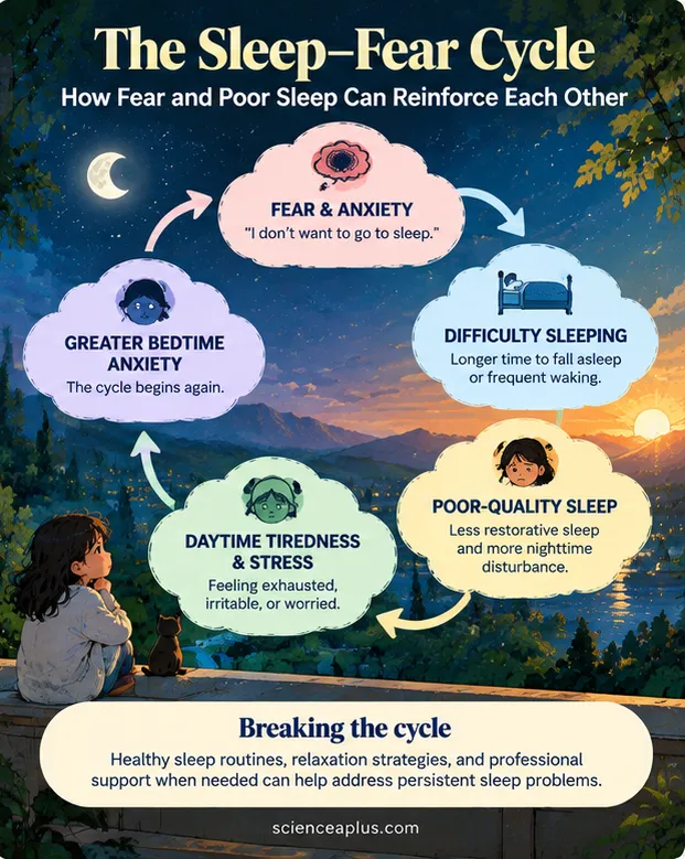 The sleep–fear cycle: fear and anxiety lead to difficulty sleeping, poor-quality sleep, daytime tiredness and stress, and greater bedtime anxiety