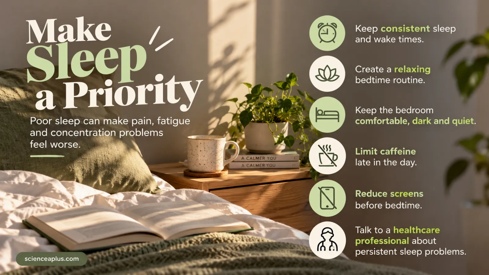 Infographic titled Make Sleep a Priority: consistent sleep and wake times, relaxing bedtime routine, comfortable dark quiet bedroom, limit late caffeine, reduce screens before bed, talk to a healthcare professional about persistent sleep problems