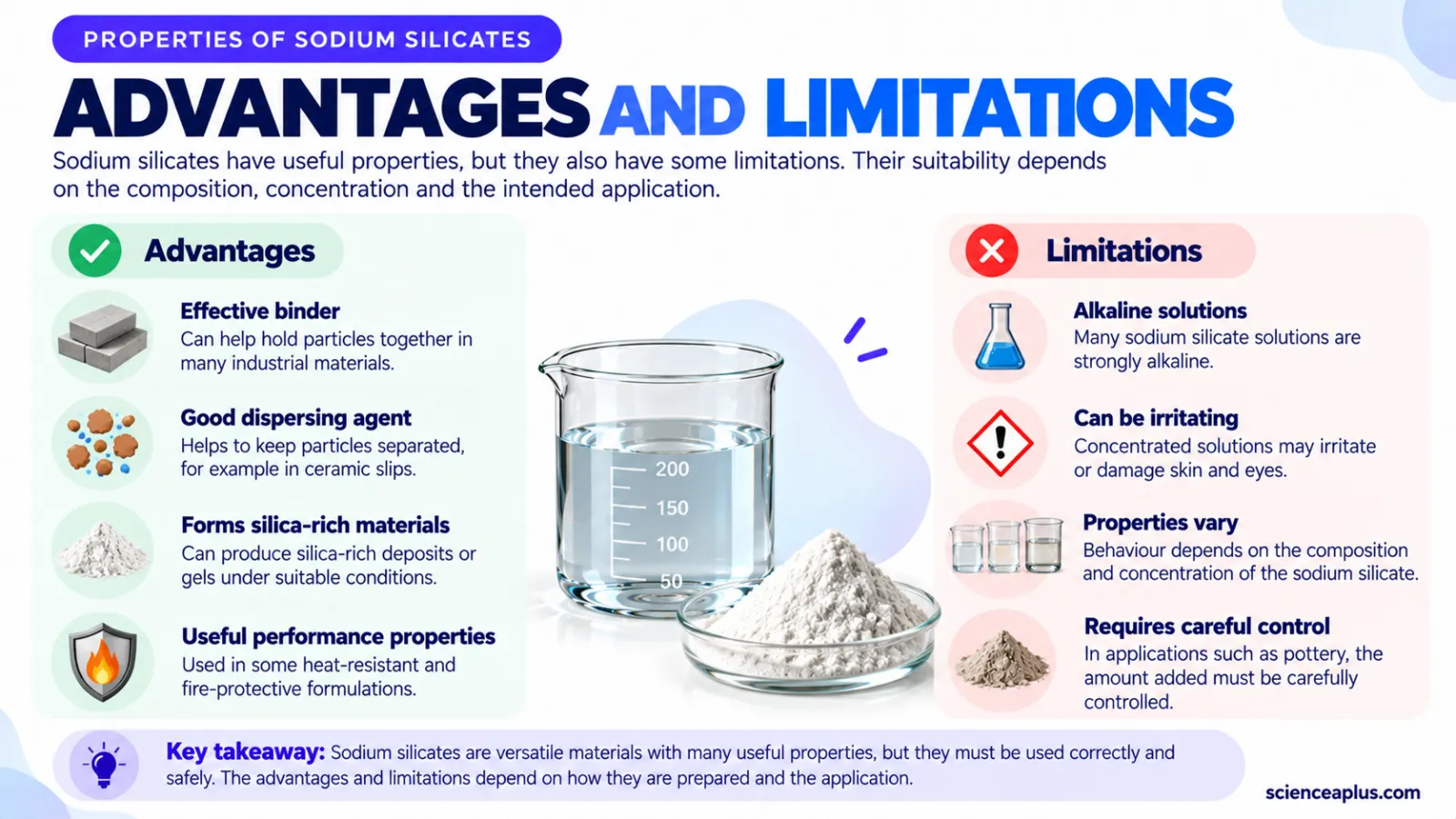 Advantages and limitations of sodium silicates: good binder and dispersant but strongly alkaline and irritating