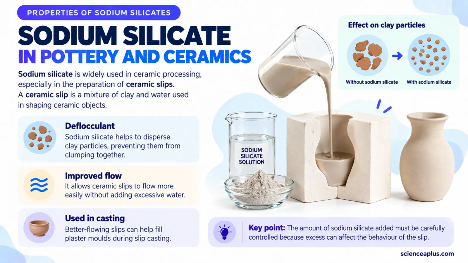 Sodium silicate as a deflocculant in ceramic slip: clay particles disperse so slip flows into plaster moulds for slip casting