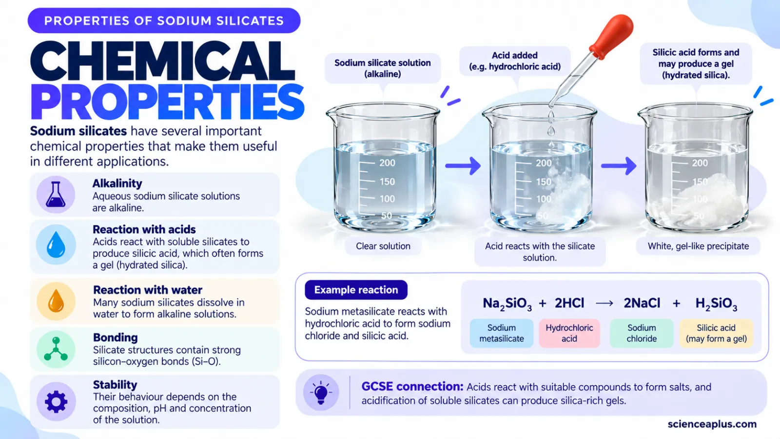 Chemical properties of sodium silicate: alkaline solution reacts with hydrochloric acid to form sodium chloride and silicic acid gel