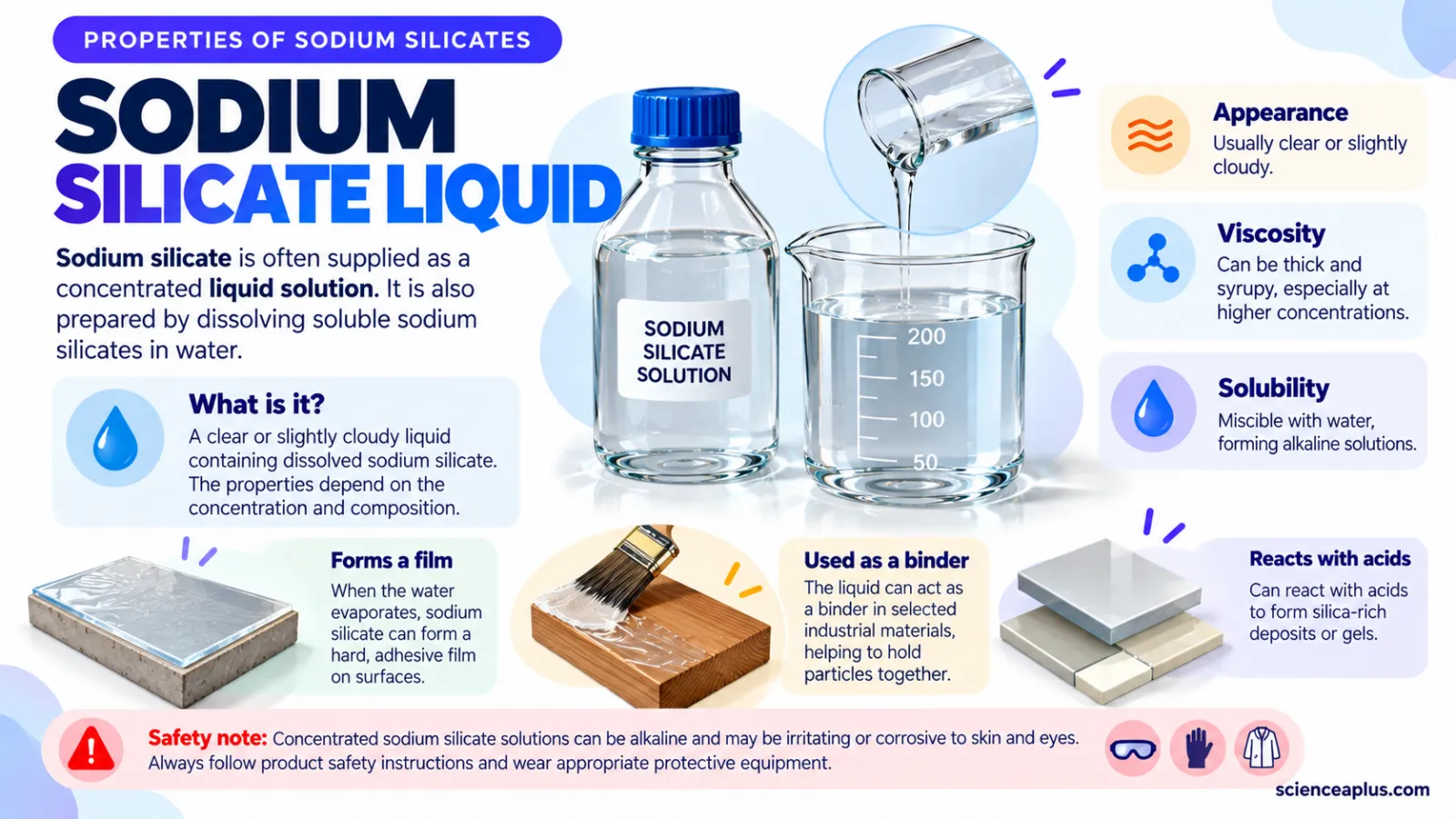 Sodium silicate liquid: a clear syrupy alkaline solution that forms a hard film, acts as a binder and reacts with acids