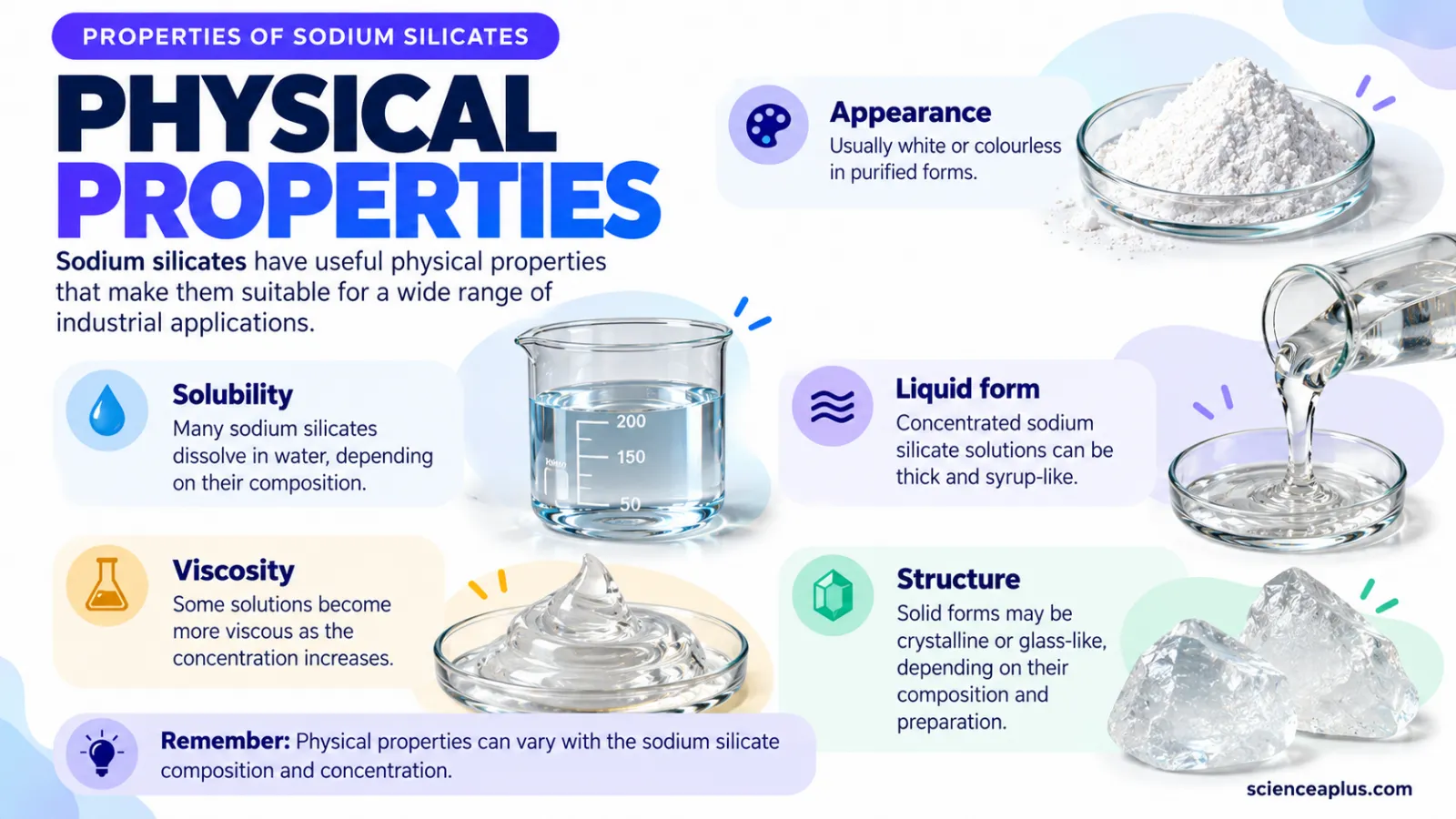 Physical properties of sodium silicates: white powder, soluble in water, viscous solutions, liquid form, crystalline or glassy solids