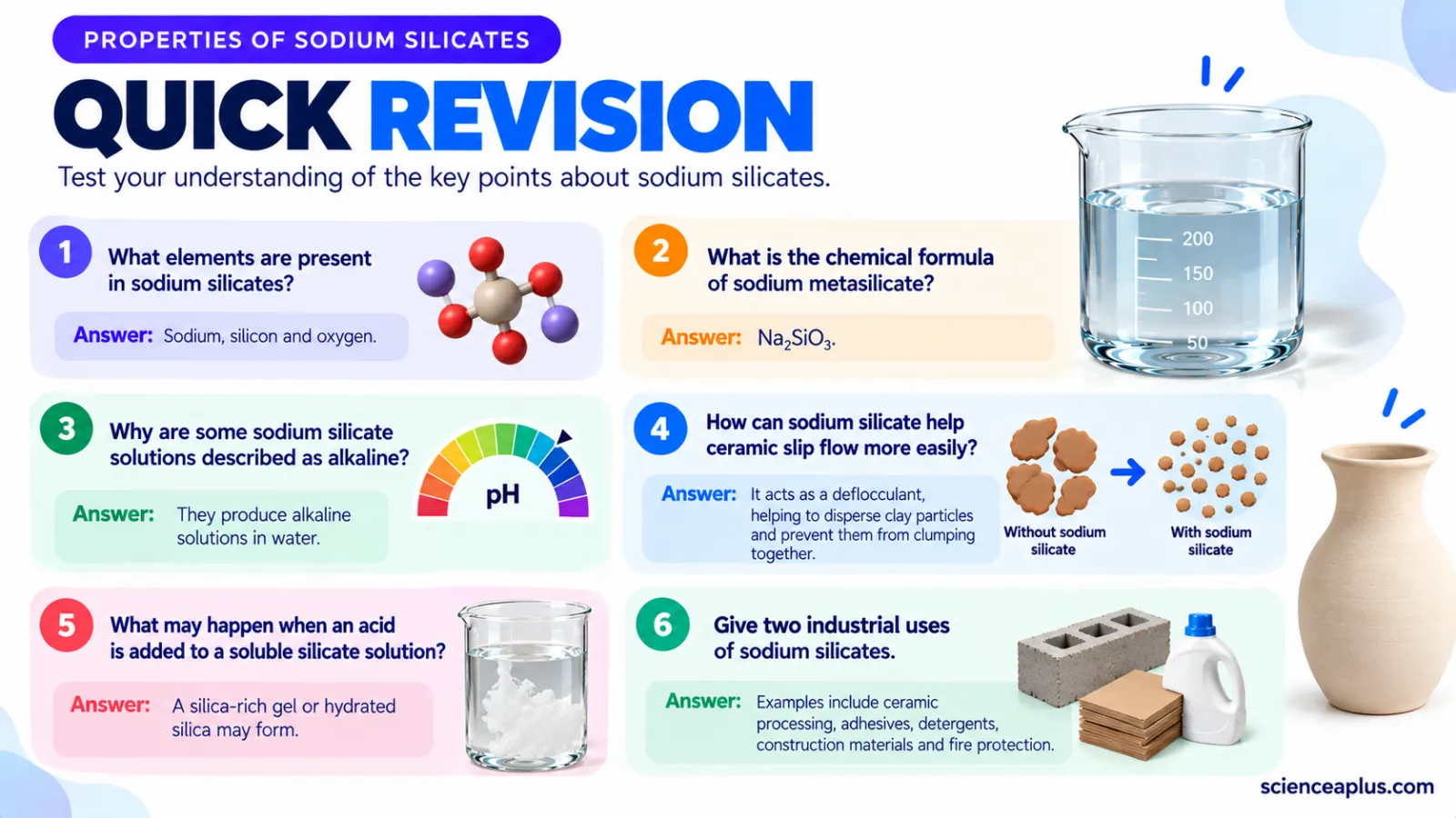 Sodium silicates quick revision: elements present, formula Na2SiO3, alkaline solutions, deflocculant, gel with acid, industrial uses