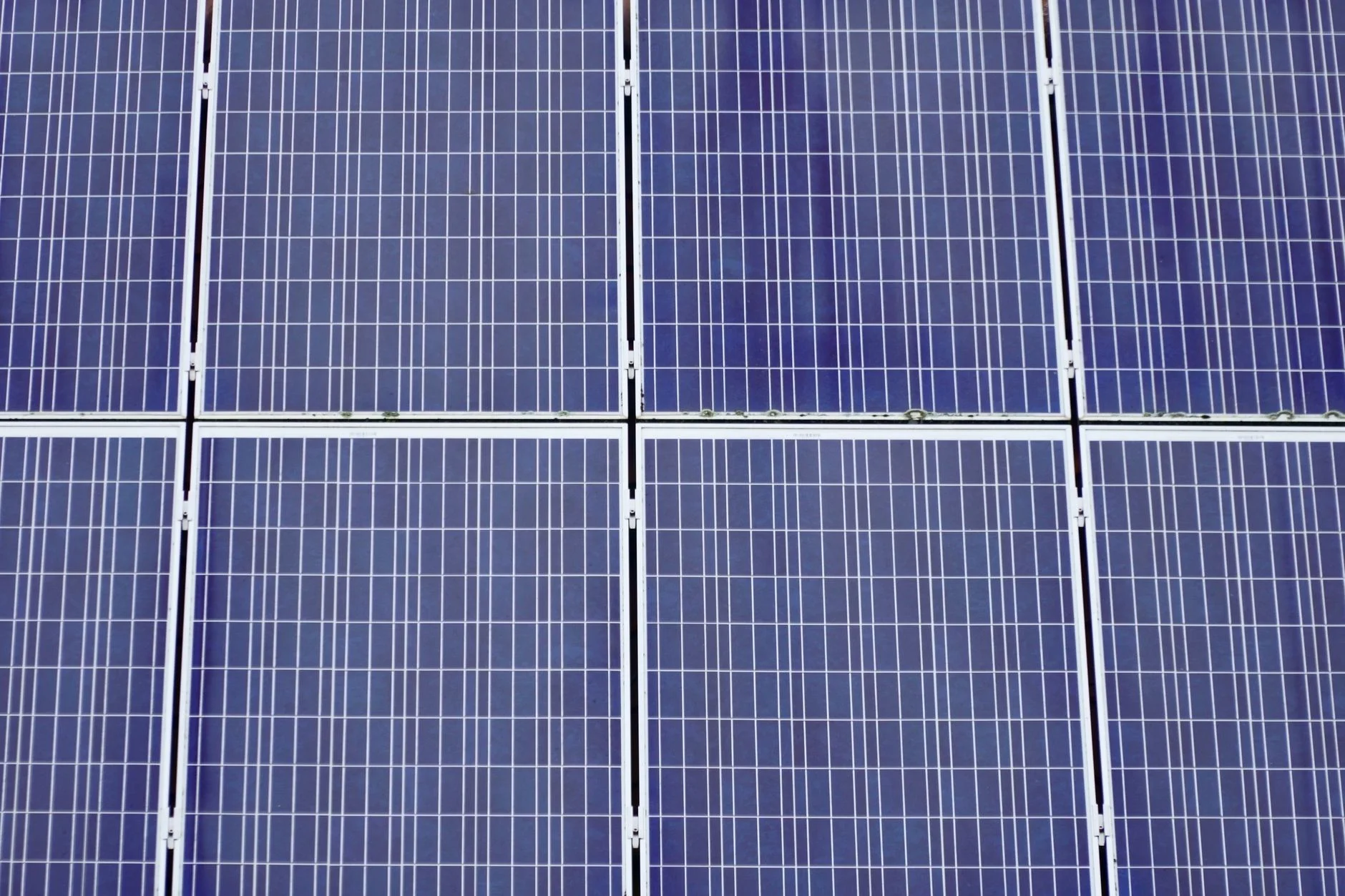 Close-up of blue solar cells crossed by a fine grid of metal contact lines