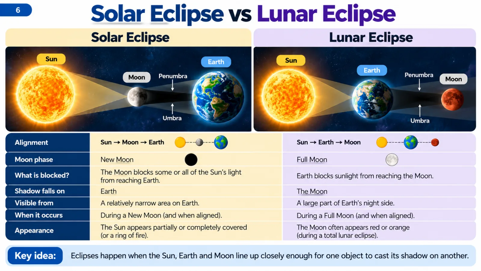 Solar eclipse versus lunar eclipse comparison: alignment, Moon phase, what is blocked, where the shadow falls, who can see it and how it looks