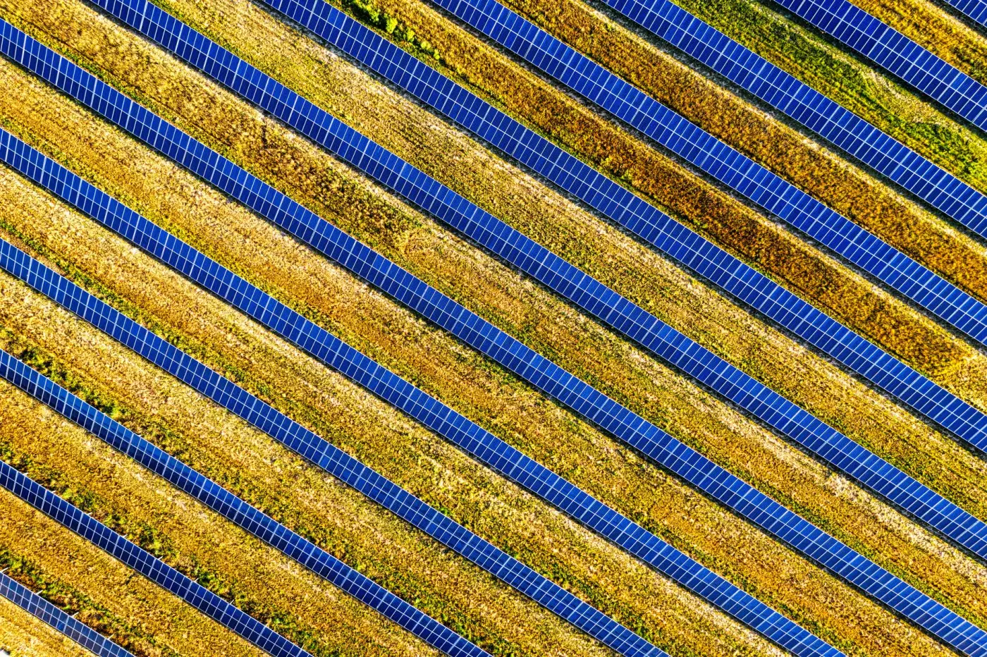 Aerial view of rows of solar panels on a solar farm