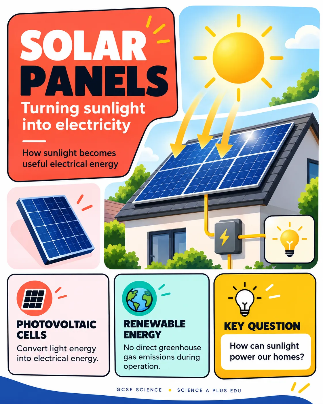 Poster showing sunlight hitting rooftop solar panels and powering a home through an inverter
