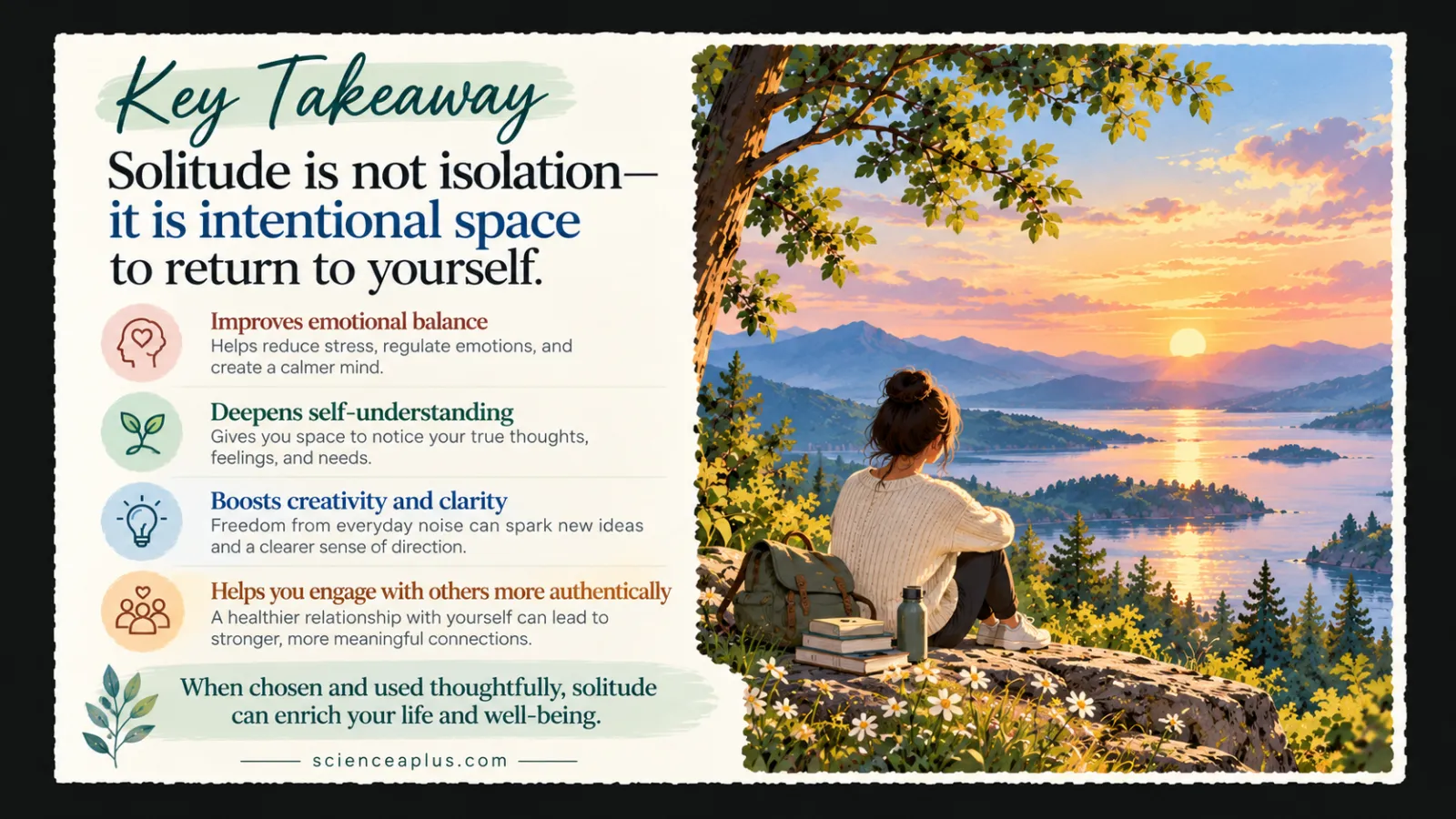 Key takeaway infographic: solitude is not isolation, it is intentional space to return to yourself