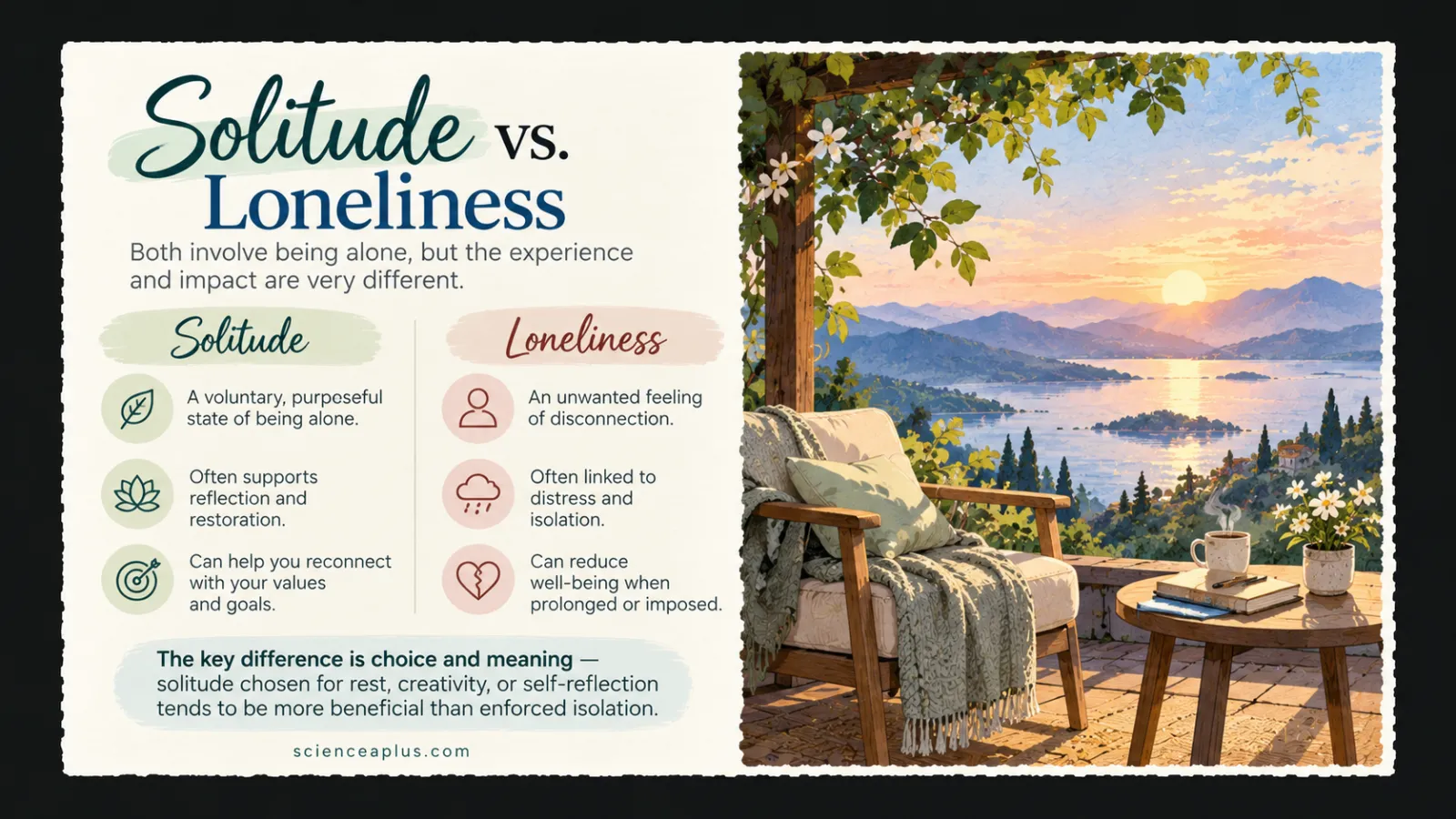 Infographic comparing solitude and loneliness: solitude is chosen and restorative, loneliness is an unwanted feeling of disconnection