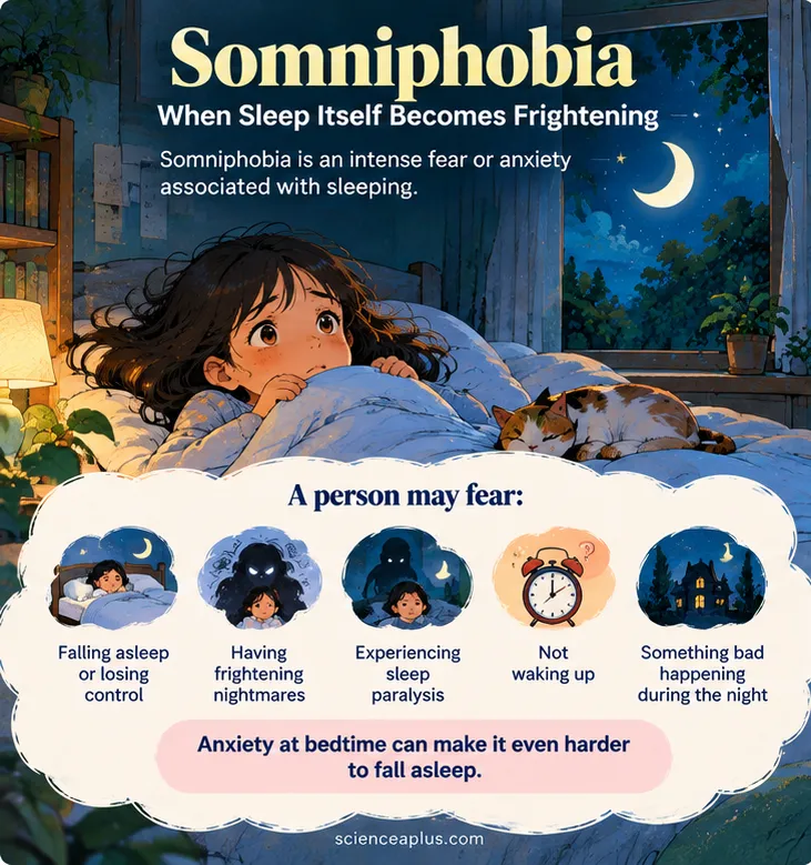 Somniphobia: an intense fear or anxiety about sleeping, such as fear of losing control, nightmares, sleep paralysis or not waking up