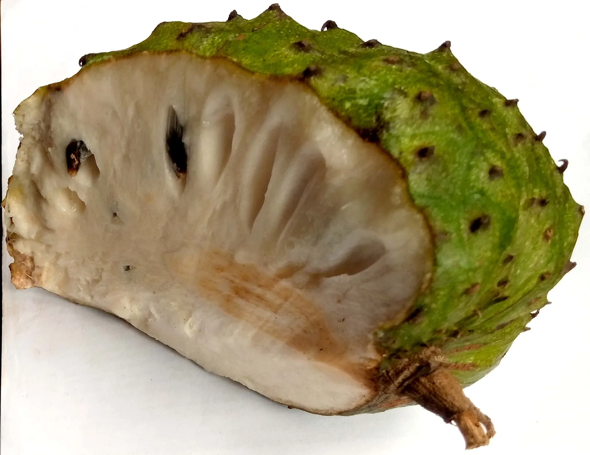 Half a soursop cut open showing white fibrous flesh, black seeds and spiky green skin