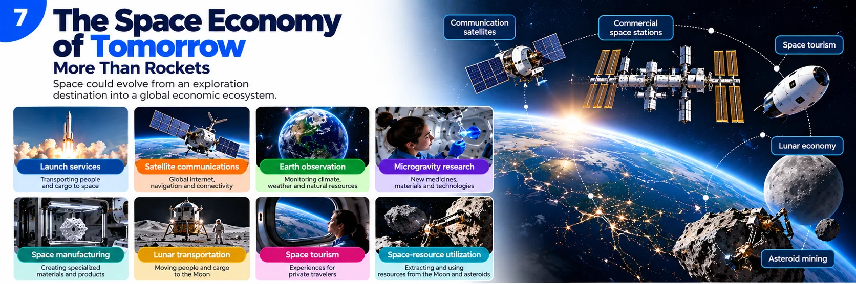 The space economy of tomorrow: launch services, satellite communications, Earth observation, microgravity research, space manufacturing, lunar transportation, tourism and resource use