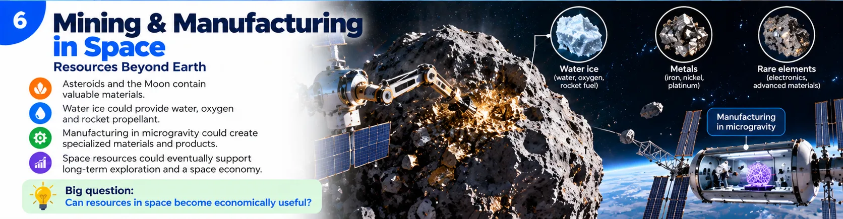 Mining and manufacturing in space: water ice, metals and rare elements from the Moon and asteroids, and manufacturing in microgravity