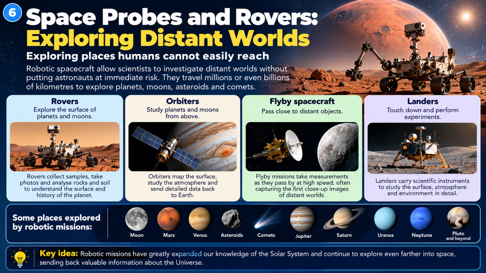 Space probes and rovers: rovers explore surfaces, orbiters study planets from above, flyby spacecraft pass close to distant objects and landers touch down to do experiments