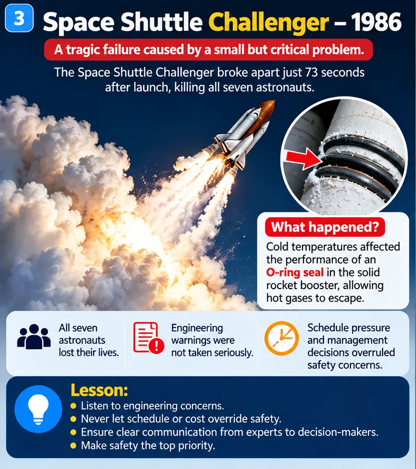 Space Shuttle Challenger in 1986: cold temperatures affected an O-ring seal in a solid rocket booster, allowing hot gases to escape; all seven astronauts died