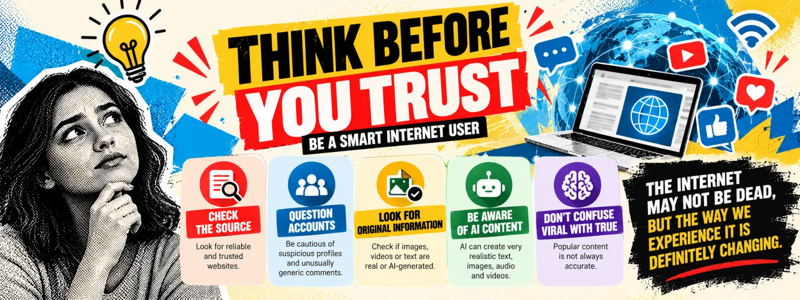 Infographic "Think before you trust: be a smart internet user" with five tips: check the source, question accounts, look for original information, be aware of AI content, do not confuse viral with true