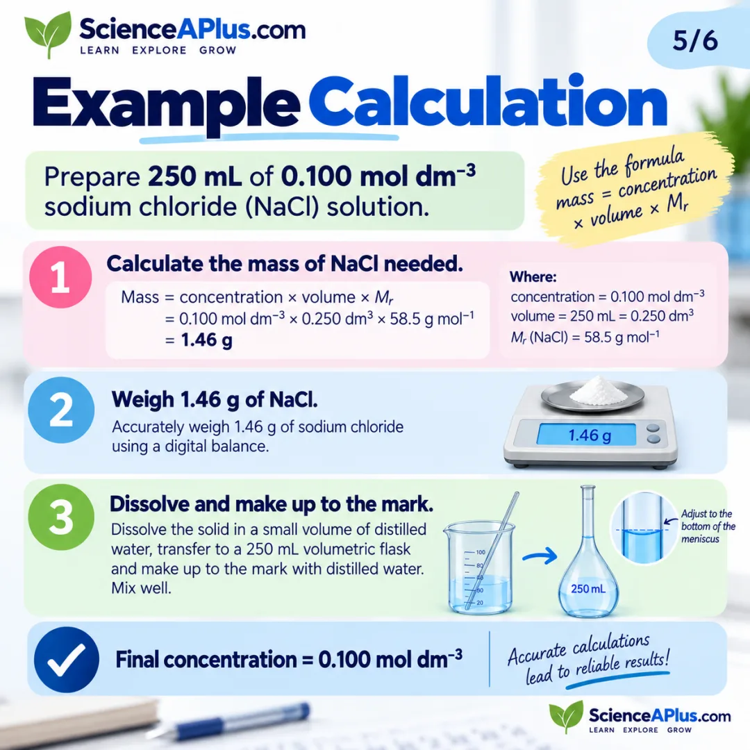 Worked example calculation: mass of NaCl = 0.100 mol dm-3 × 0.250 dm3 × 58.5 g mol-1 = 1.46 g for 250 mL of standard solution