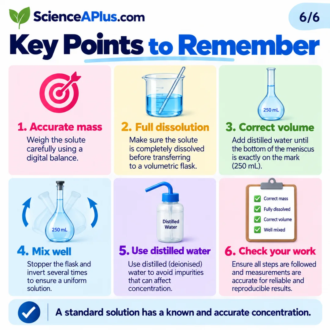 Key points to remember for a standard solution: accurate mass, full dissolution, correct volume, mix well, use distilled water, check your work