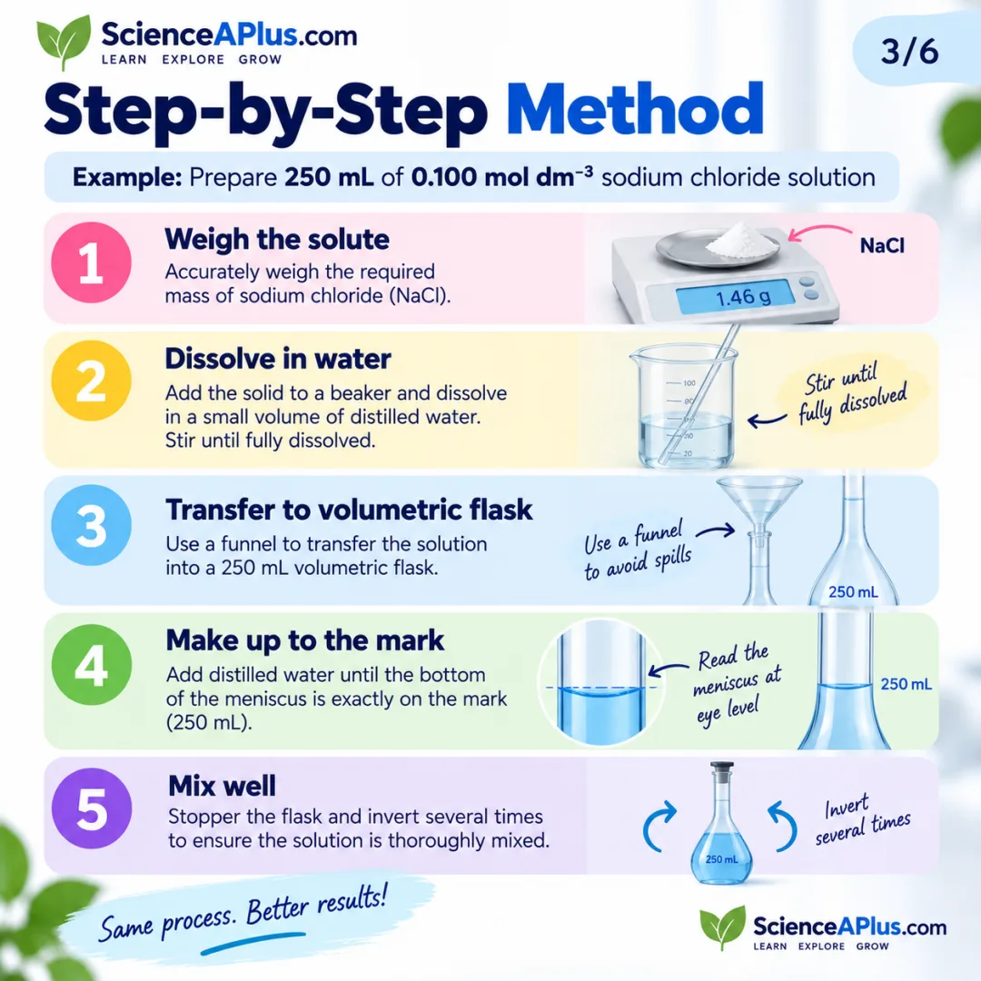 Step-by-step method to prepare 250 mL of 0.100 mol dm-3 sodium chloride standard solution: weigh, dissolve, transfer, make up to the mark and mix