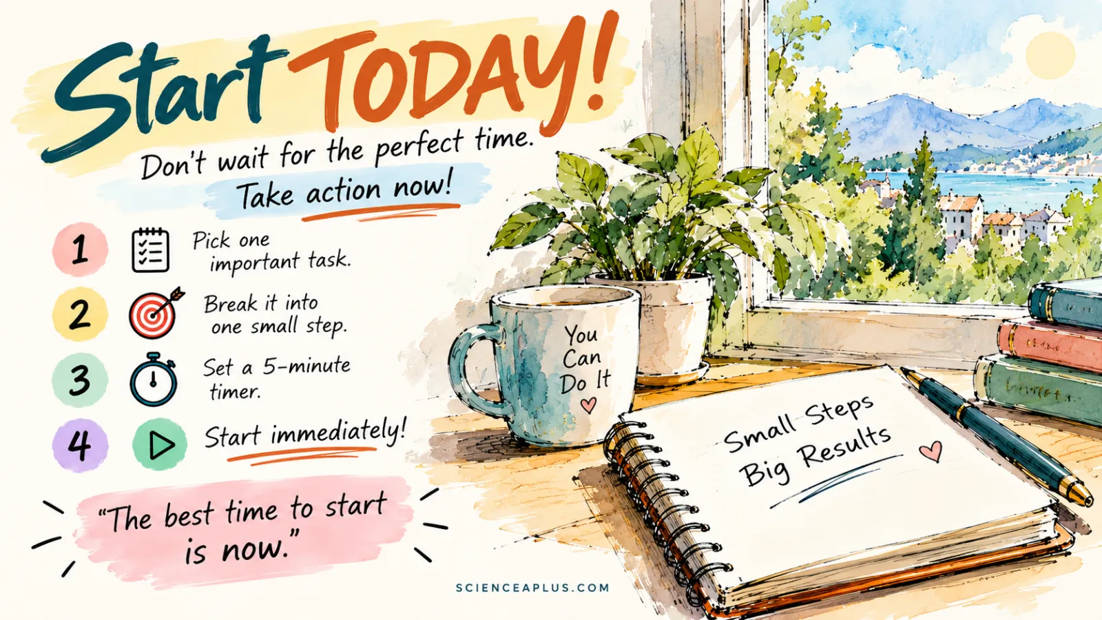 Start today: pick one important task, break it into one small step, set a 5-minute timer and start immediately — the best time to start is now