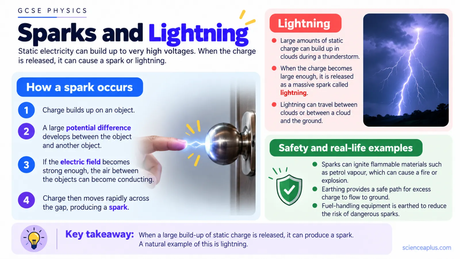 Infographic showing how a spark forms between a finger and a door handle in four steps, with a lightning photo and safety notes on earthing fuel equipment