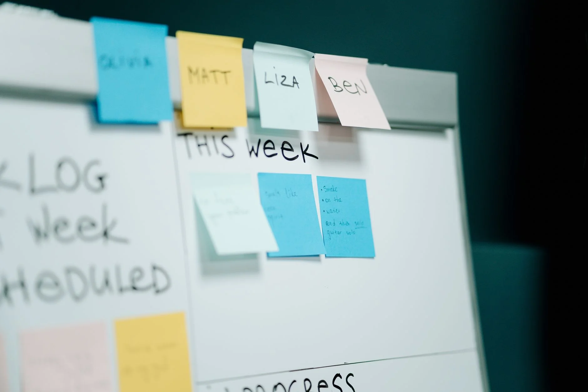 A whiteboard with sticky notes showing names and a This Week task plan