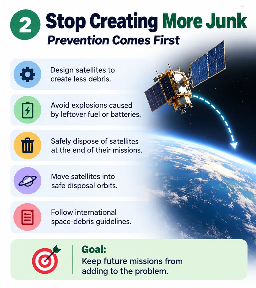 Stop creating more space junk: design satellites to create less debris, avoid explosions from leftover fuel, dispose of satellites safely and follow international guidelines