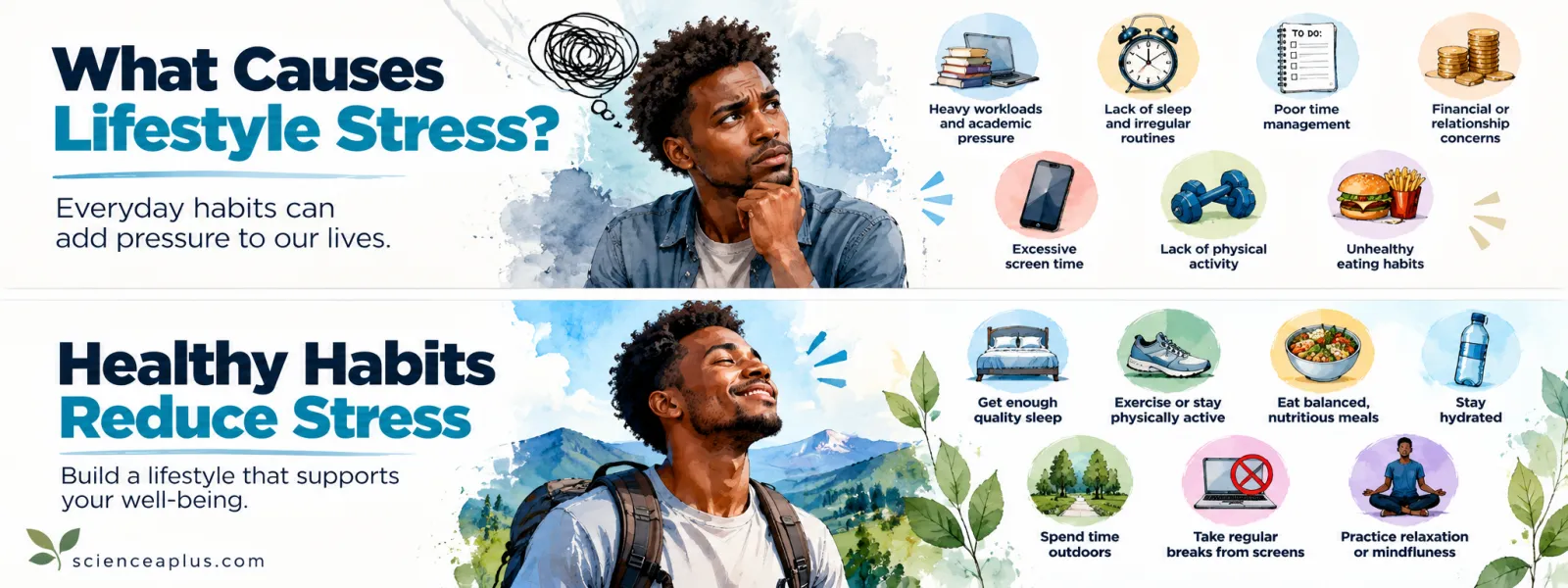 Two graphics: what causes lifestyle stress (heavy workloads, lack of sleep, poor time management, money or relationship worries, screen time, little exercise, unhealthy eating) and healthy habits that reduce it (sleep, exercise, balanced meals, water, time outdoors, screen breaks, relaxation)