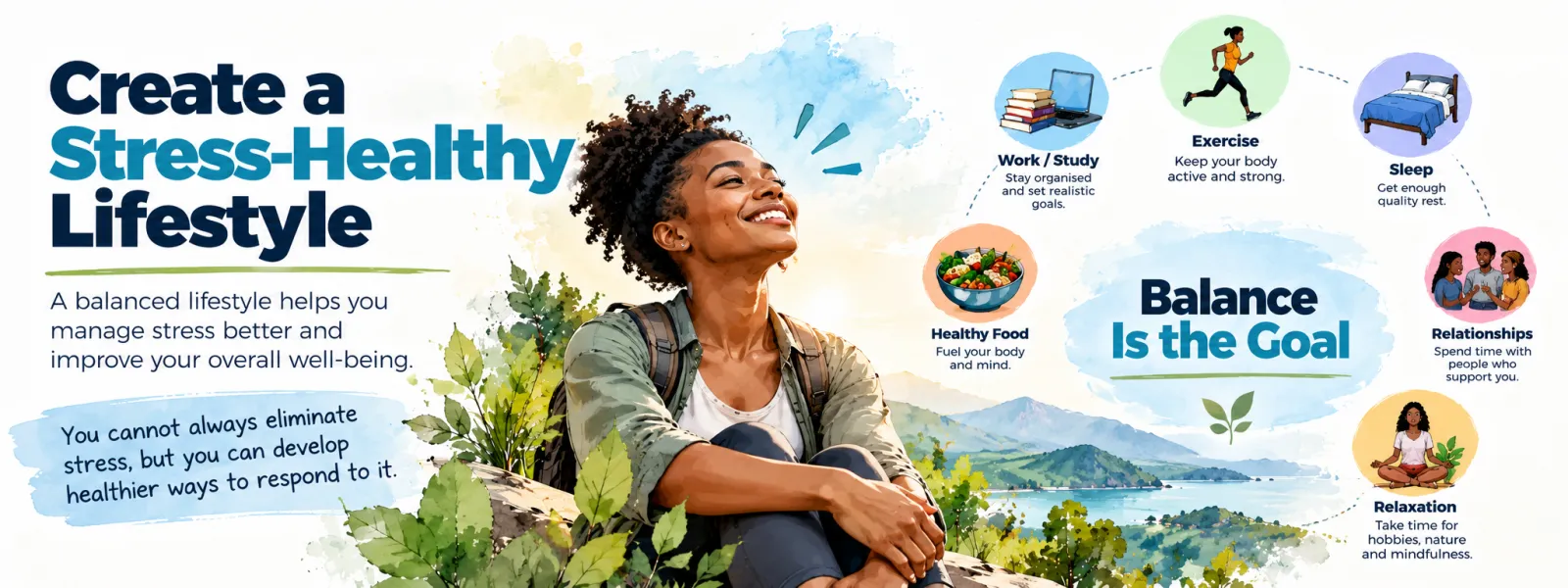Create a stress-healthy lifestyle: work and study, exercise, sleep, healthy food, relationships and relaxation around the message that balance is the goal