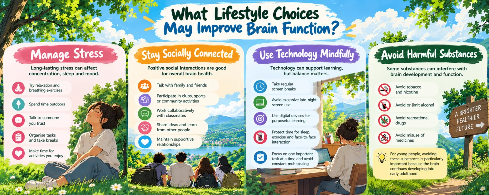 Manage stress, stay socially connected, use technology mindfully and avoid harmful substances such as tobacco, alcohol, recreational drugs and misused medicines; the brain continues developing into early adulthood