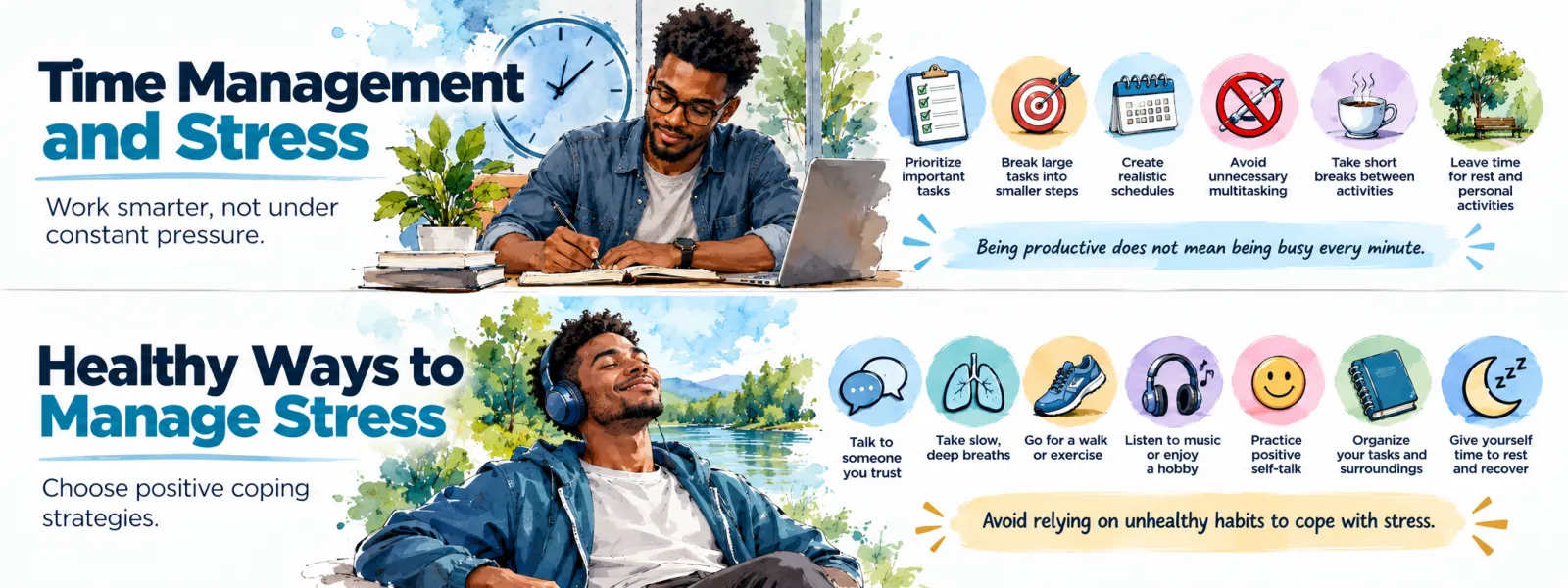 Two graphics: time management and stress (prioritise important tasks, break large tasks into smaller steps, create realistic schedules, avoid unnecessary multitasking, take short breaks, leave time for rest) and healthy ways to manage stress (talk to someone, slow deep breaths, walk or exercise, music or a hobby, positive self-talk, organise tasks, rest and recover)