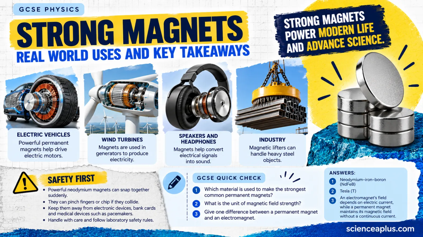 Infographic of strong magnet uses — electric vehicles, wind turbines, speakers and headphones, industrial lifting magnets — with safety tips and a GCSE quick check
