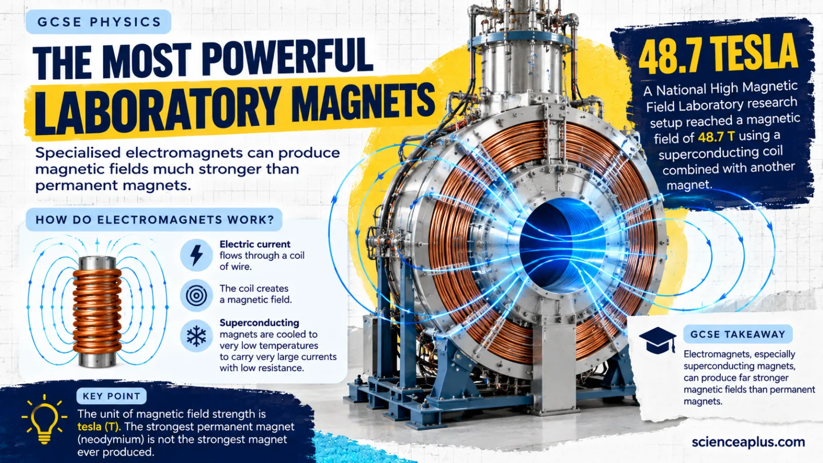 Infographic of a large laboratory electromagnet with copper coils, explaining how electromagnets and superconducting magnets work and the 48.7 tesla record
