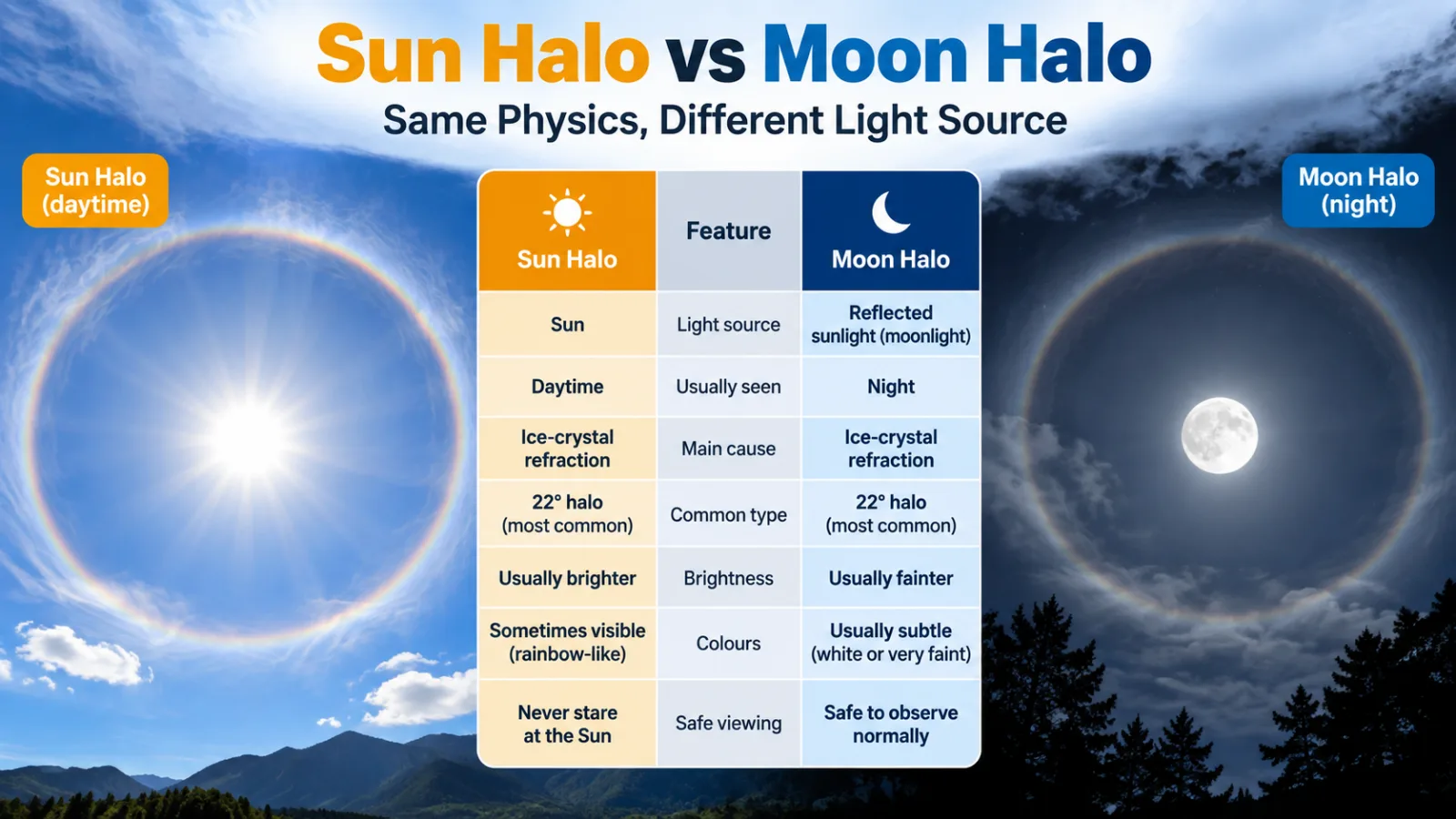 Sun dogs and moon dogs: bright spots either side of the Sun or Moon formed by flat plate-shaped ice crystals refracting light at about 22 degrees