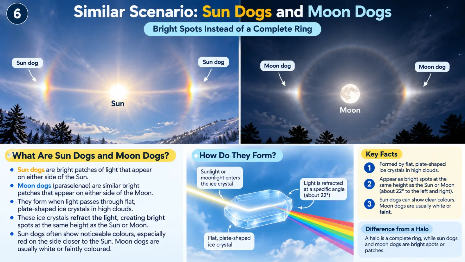 Sun halo versus moon halo comparison: light source, when seen, cause, common type, brightness, colours and safe viewing